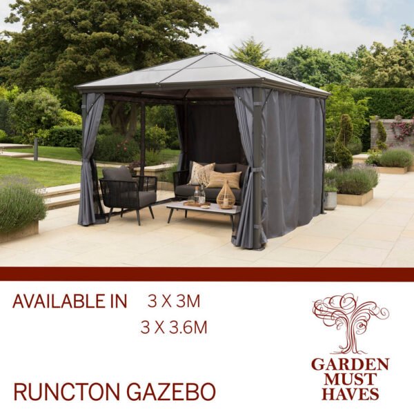 Runcton Polycarbonate 3.6m Aluminium Pergola Gazebo with Curtains - Image 6
