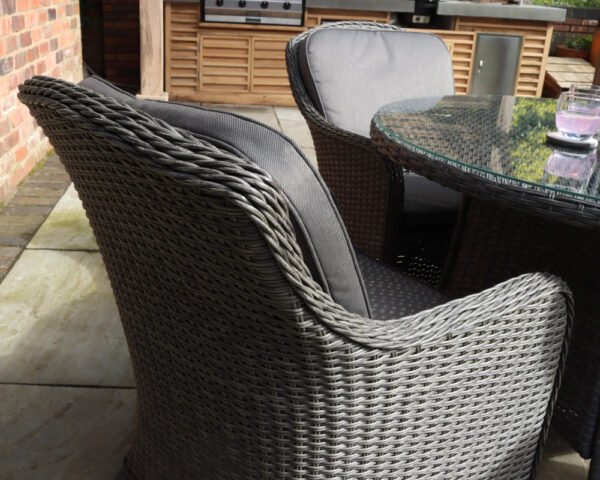 Paris 4 Seater Rattan Imperial Garden Dining Set with 110cm Round Glass Top Table - Grey - Image 6