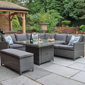 Paris Rattan Modular Corner Lounge Dining Set with Gas Fire Pit Table (120cm)