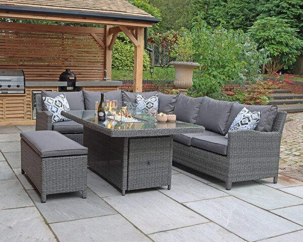 Paris Rattan Modular Corner Lounge Dining Set with Large Gas Fire Pit Table (170cm)