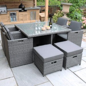 Paris 8 Seater Rattan Garden Dining Cube Set with Square Table, 4 Cube Chairs & 4 Integral Stools