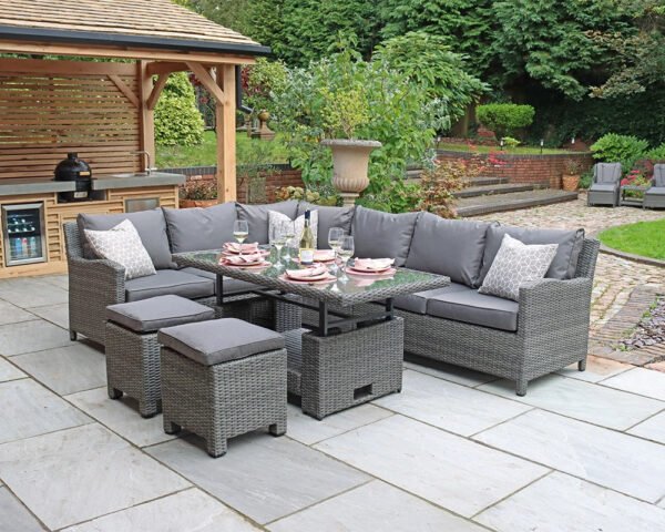 Paris Rattan Modular Corner Lounge Dining Set with Adjustable Height Table - Grey - Image 10