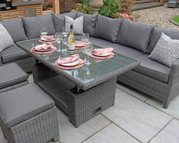 Paris Rattan Modular Corner Lounge Dining Set with Adjustable Height Table - Grey - Image 3
