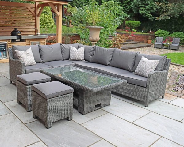 Paris Rattan Modular Corner Lounge Dining Set with Adjustable Height Table - Grey - Image 4