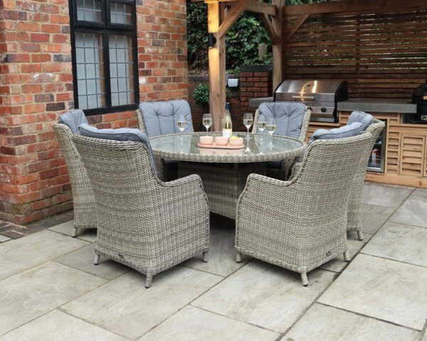 Wentworth Rattan Highback Comfort Round Garden Dining Set with 6 Chairs & Cushions - Image 4
