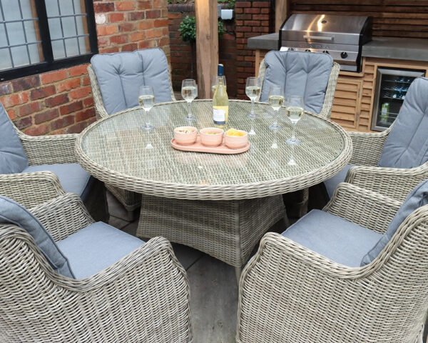 Wentworth Rattan Highback Comfort Round Garden Dining Set with 6 Chairs & Cushions - Image 3