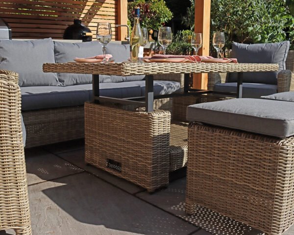 Wentworth Rattan Garden Dining Set with Sofa, 2 Armchairs, 2 Stools & Height Adjustable Table - Image 3