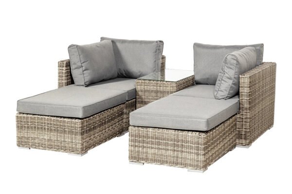 Wentworth Rattan Multi Setting Relaxer Garden Lounge Set - 2 x Ottoman Seats, Side Table & Cushions - Image 6