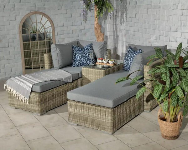 Wentworth Rattan Multi Setting Relaxer Garden Lounge Set - 2 x Ottoman Seats, Side Table & Cushions - Image 3