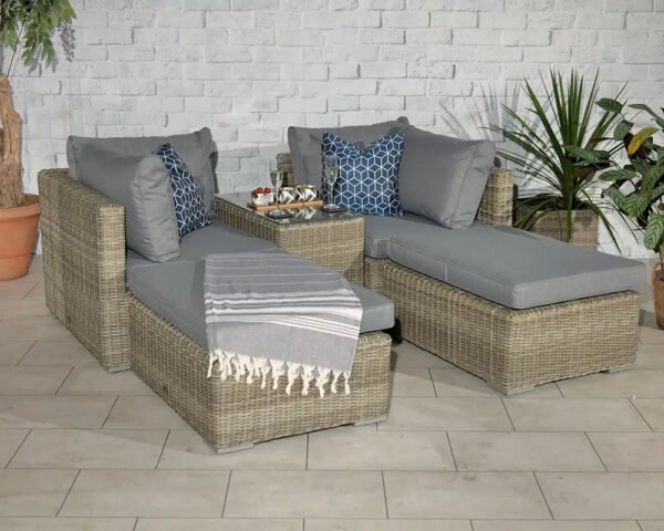Wentworth Rattan Multi Setting Relaxer Garden Lounge Set - 2 x Ottoman Seats, Side Table & Cushions - Image 5